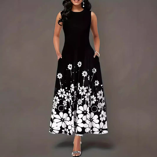 Damen Maxikleid mit floralen Akzenten und seitlichen Eingrifftaschen R&B