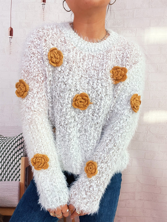 Damen gemütlicher, fluffiger Pullover mit verspielten Blumenapplikationen R&B