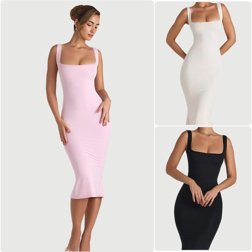 Damen Figurumspielendes Midi-Kleid mit quadratischem Ausschnitt und schmalem Schnitt R&B