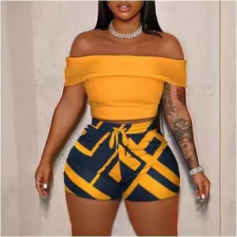 Damen Off-Shoulder Top und Hohe Taille Shorts Set R&B