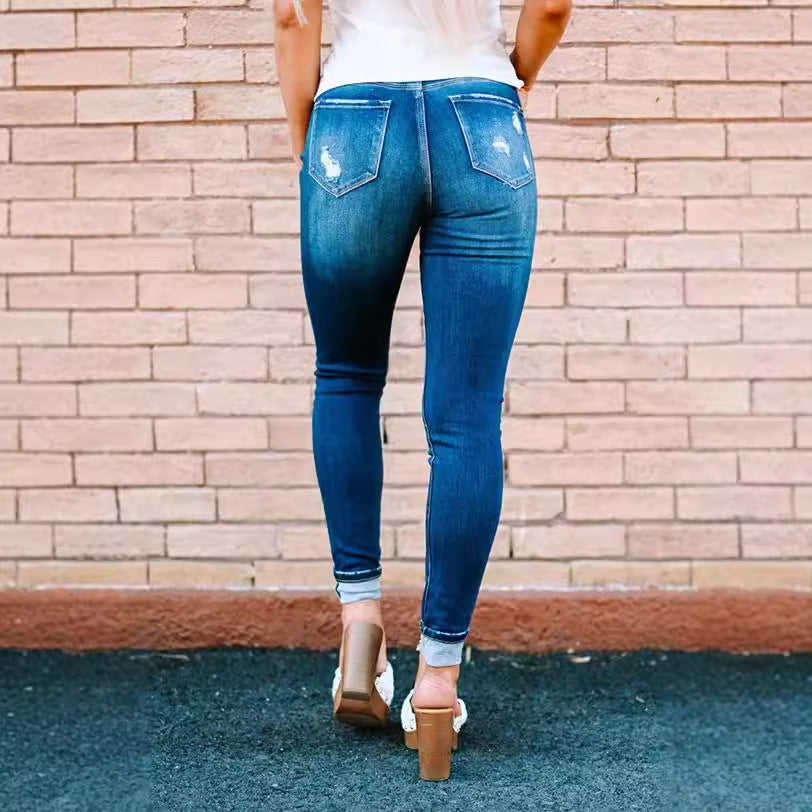 Damen High-Waist Skinny Jeans mit modischen Knopfdetails R&B