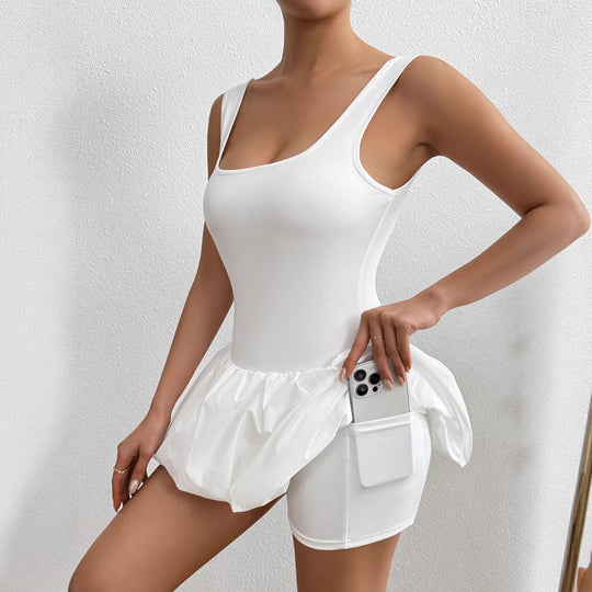 Damen trägerloses Badeanzugkleid mit voluminösem Rock R&B