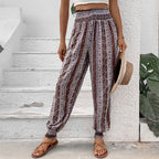 Damen Freizeithose im Bohemian-Stil mit elastischem Bund und Blumenmuster