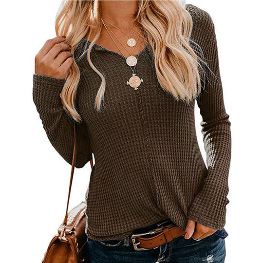 Damen lässiges Langarmshirt mit strukturiertem Waffelmuster und modischem V-Ausschnitt R&B