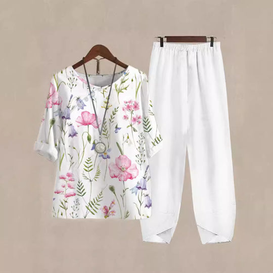 Damen Freizeit Oberteil mit floralem Muster und bequemer Hose R&B
