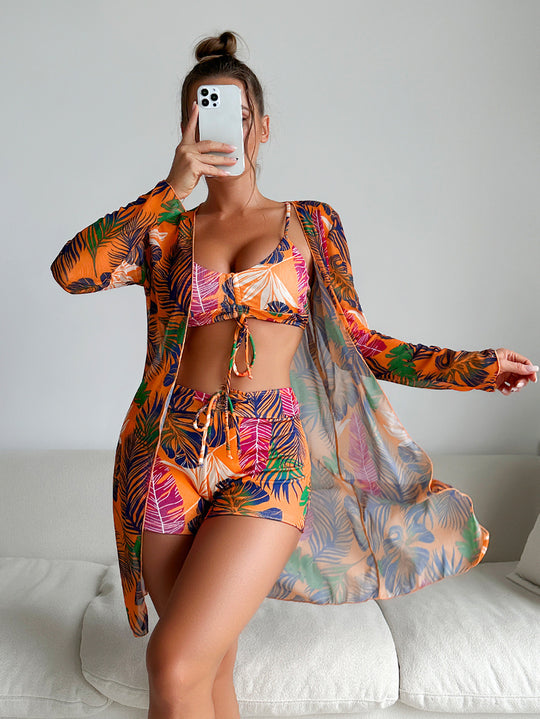 Damen Bikiniset mit luftiger Wickeljacke und floralem Muster R&B