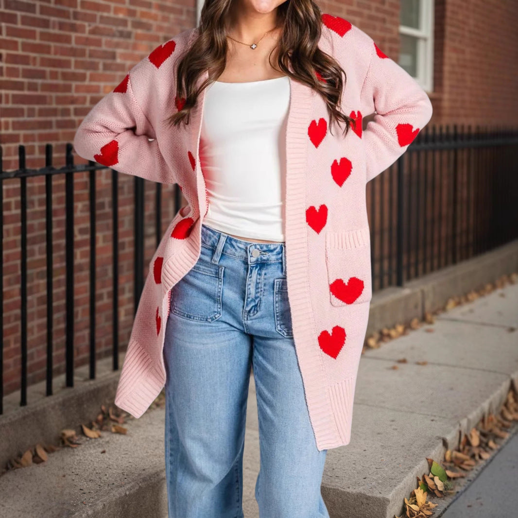 Damen Strickjacke mit Herzmuster und praktischen Taschen R&B