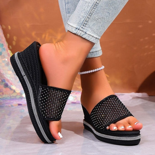Damen Bequeme Wedge-Pantoletten mit funkelnden Strass-Applikationen R&B