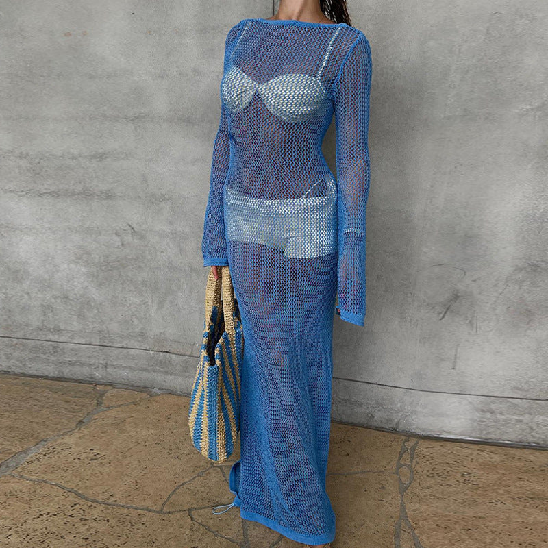 Damen transparentes Strandkleid aus Netzmaterial mit weitem Schnitt und offenen Ärmeln R&B
