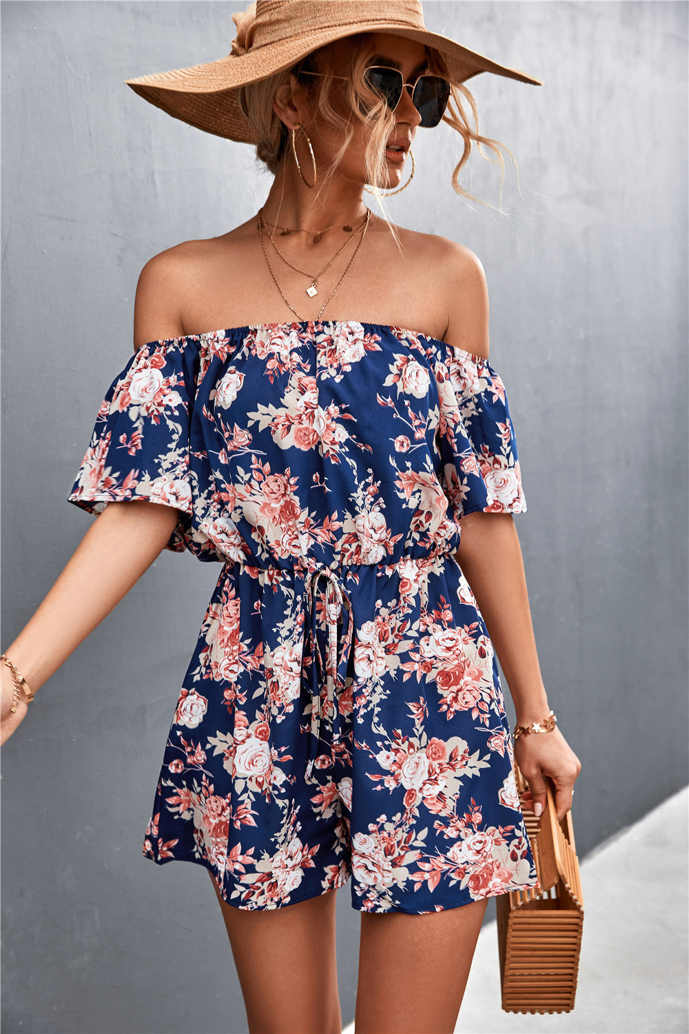 Damen Off-Shoulder Jumpsuit mit floralem Design und elastischem Taillenbund R&B
