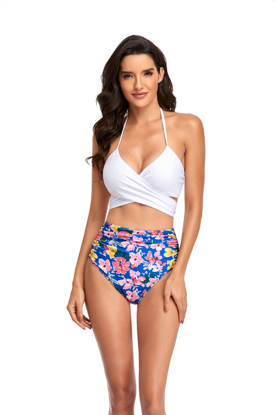 Damen Hochgeschnittener Bikini mit Wickeloberteil und floralen Mustern R&B