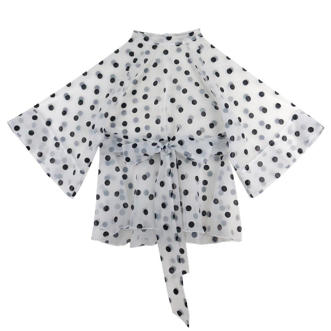 Damen Chiffonbluse mit transparentem Polka-Dots-Design und tailliertem Bindegürtel R&B