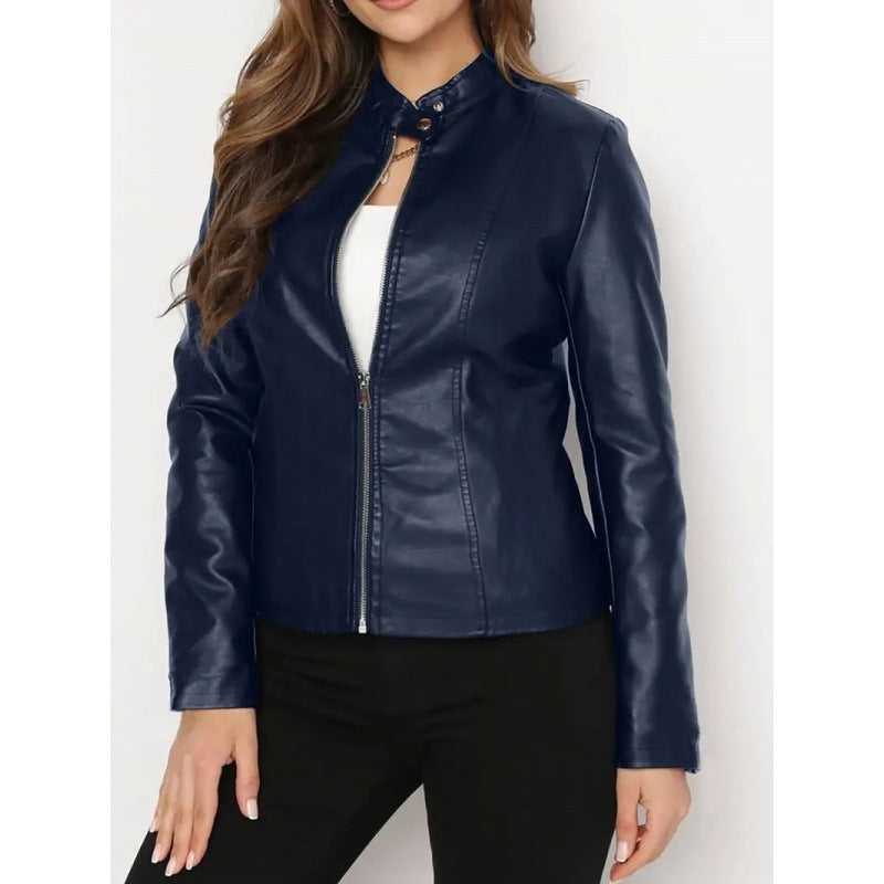Damen Kunstlederjacke mit Stehkragen und asymmetrischem Reißverschluss
