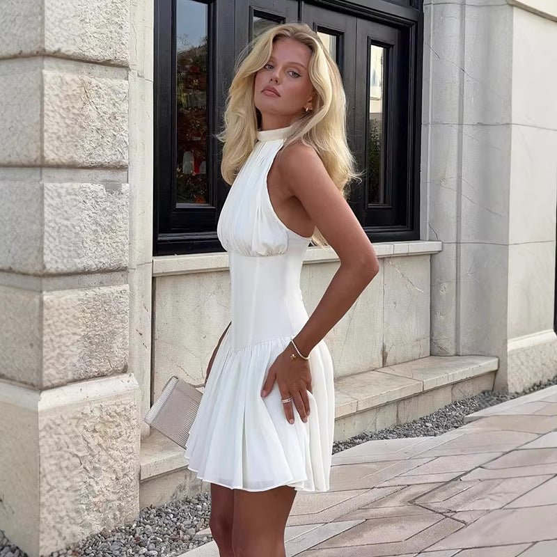 Damen schulterfreies Minikleid mit elegantem Halterneck und schwingendem Rock R&B