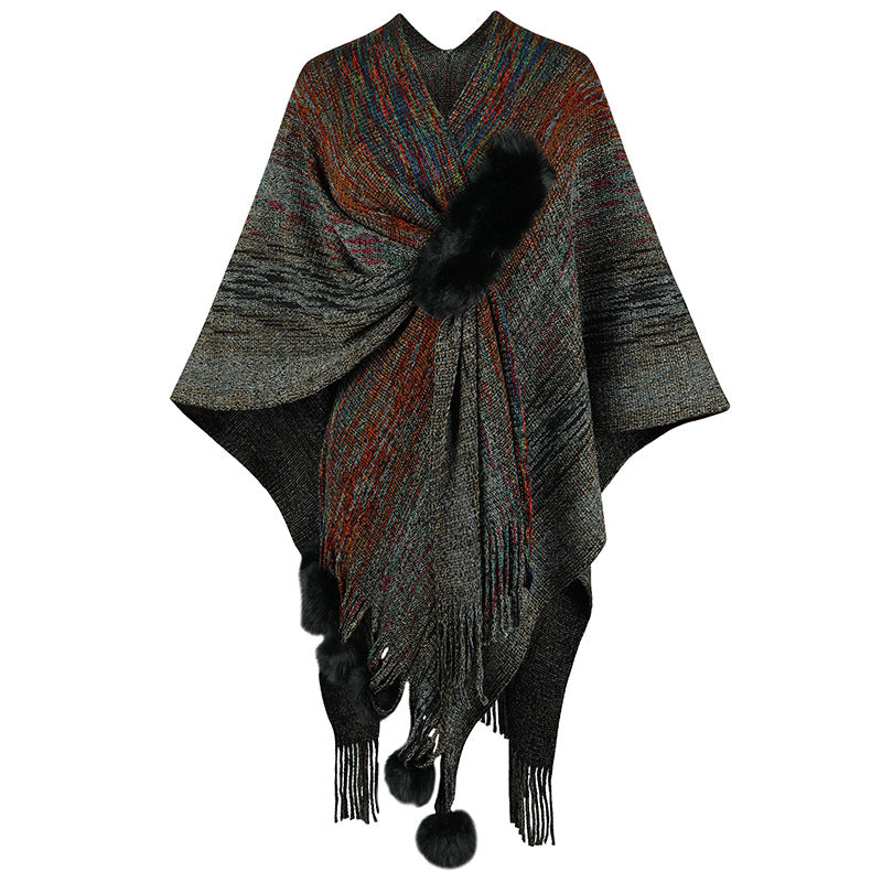 Damen modischer Poncho mit luxuriösem Kunstfellbesatz und kreativen Fransen R&B