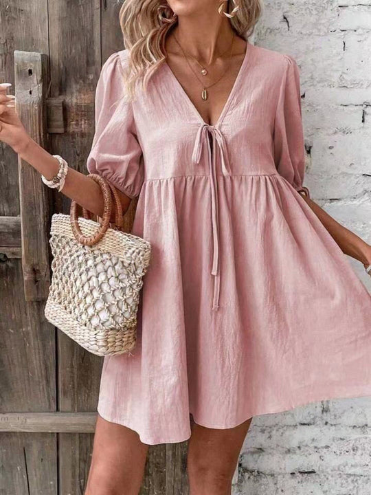 Damen luftiges Sommerkleid mit V-Ausschnitt und Raffungen R&B