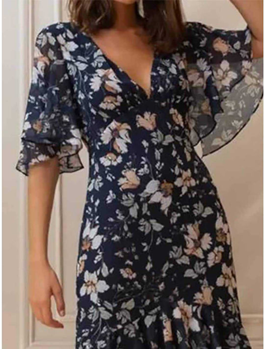 Damen Maxikleid mit voluminösen Ärmeln und floralem Design R&B