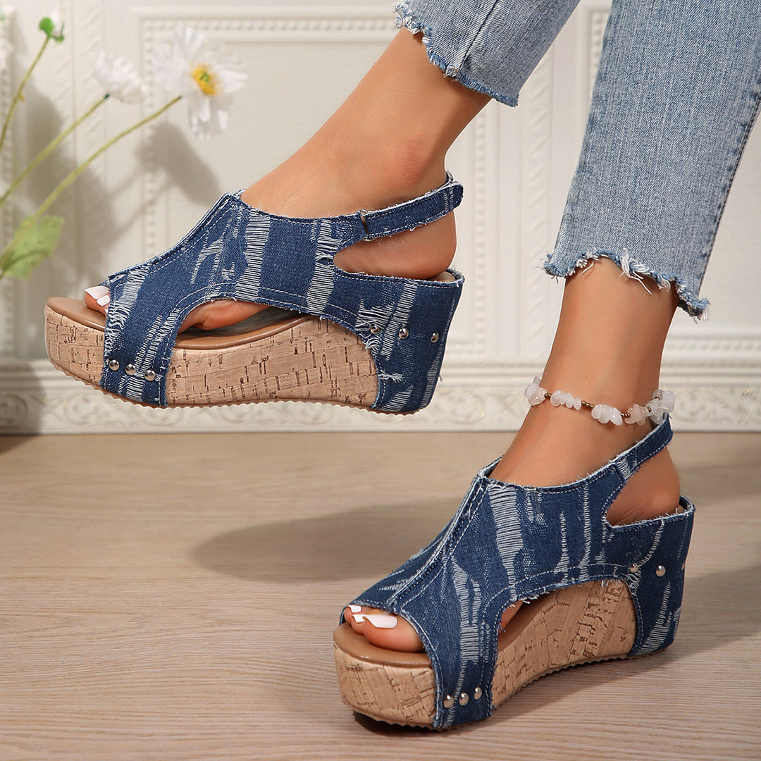 Damen Keil-Sandalen im modischen Denim-Look mit elastischer Fußbettgestaltung R&B