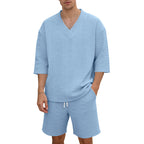 Unisex nan lässiges Lounge-Set mit V-Ausschnitt-Oberteil und Kordelbund-Shorts R&B