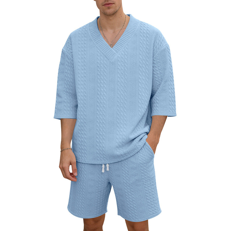 Unisex nan lässiges Lounge-Set mit V-Ausschnitt-Oberteil und Kordelbund-Shorts R&B