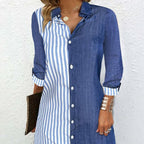 Damen Hemdblusenkleid mit diagonalen Streifen und klassischen Knöpfen R&B