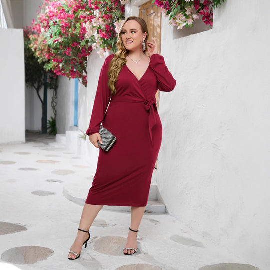 Damen Elegantes Wickelkleid mit taillierter Silhouette und langem Arm R&B