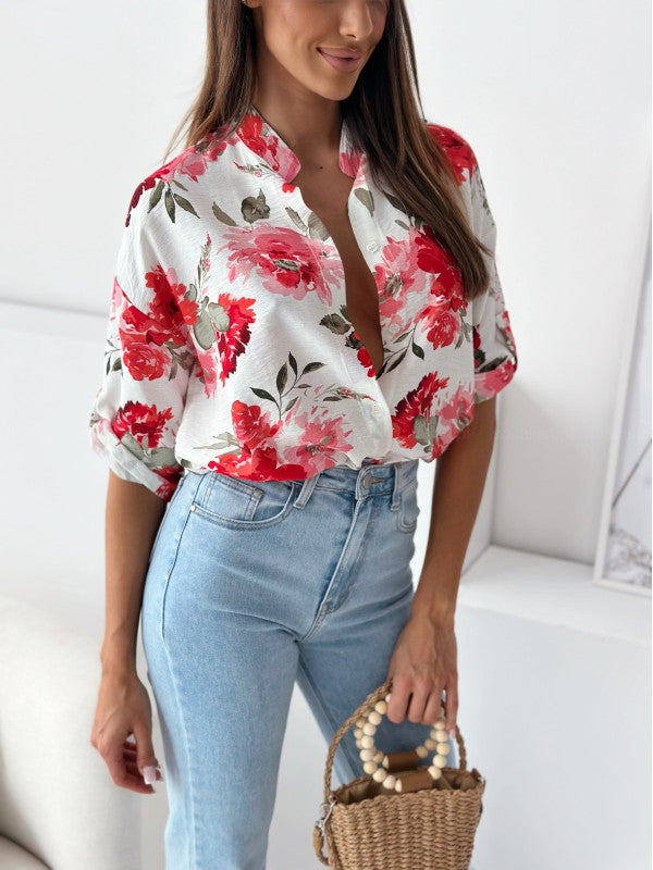 Damen blumige Oversize-Bluse mit kurzen Ärmeln R&B