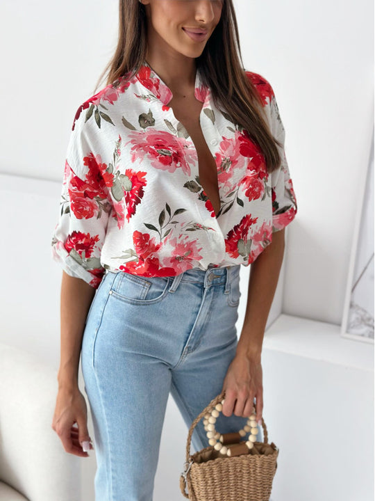 Damen blumige Oversize-Bluse mit kurzen Ärmeln R&B
