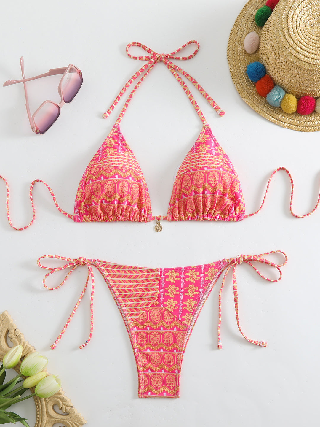 Damen Triangel-Bikini-Set mit verspieltem Blumenmuster R&B