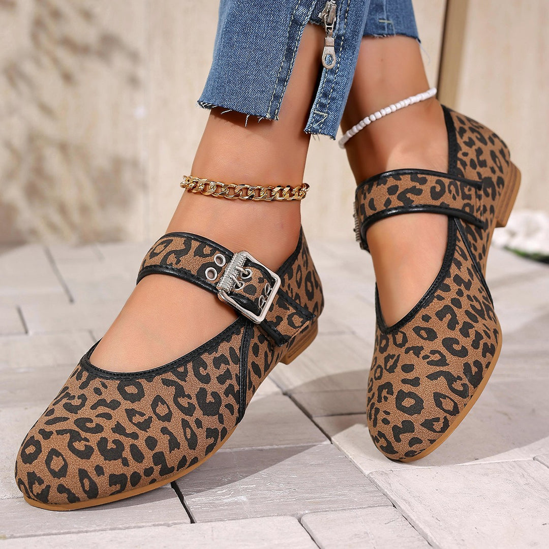 Damen Mary Jane Ballerinas mit modischem Leopardenmuster und bequemer Schnalle R&B