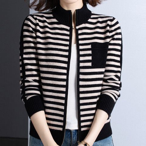 Damen Strickjacke mit Stehkragen und Reißverschluss R&B