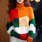 Damen Grobstrickpullover mit hohem Kragen und buntem Farbblockdesign R&B