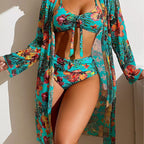 Damen Bikini-Set mit floralen Mustern und luftiger Kimono-Überjacke R&B