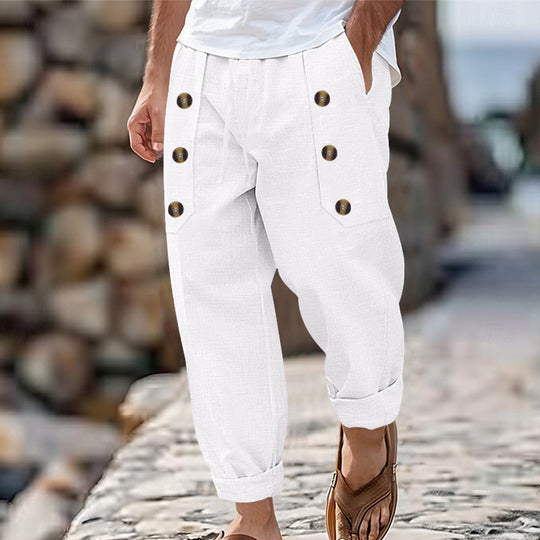 Herren lässige Leinen-Cargo-Hose mit praktischen Knöpfen und seitlichen Taschen R&B