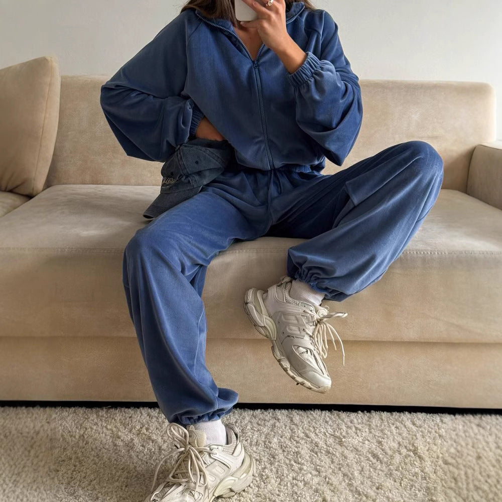 Damen sportliches Lounge-Set aus weichem Fleece mit lockerem Schnitt R&B