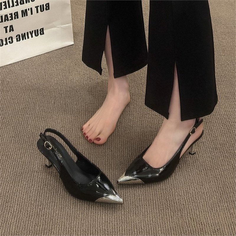 Damen Slingback Pumps mit spitzem Design und glänzendem Metallverschluss R&B