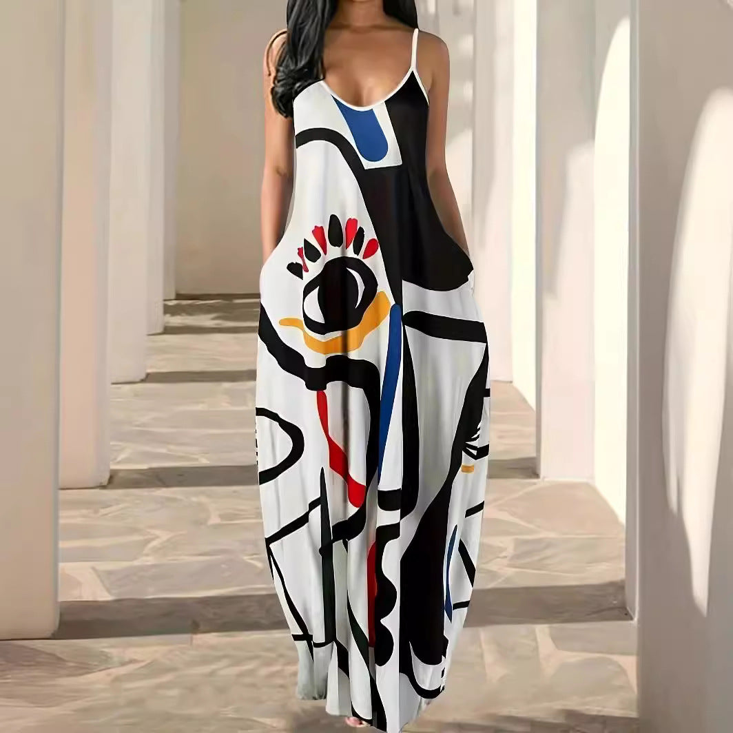Damen Elegantes Maxikleid mit modernem abstraktem Print und fließendem Schnitt R&B