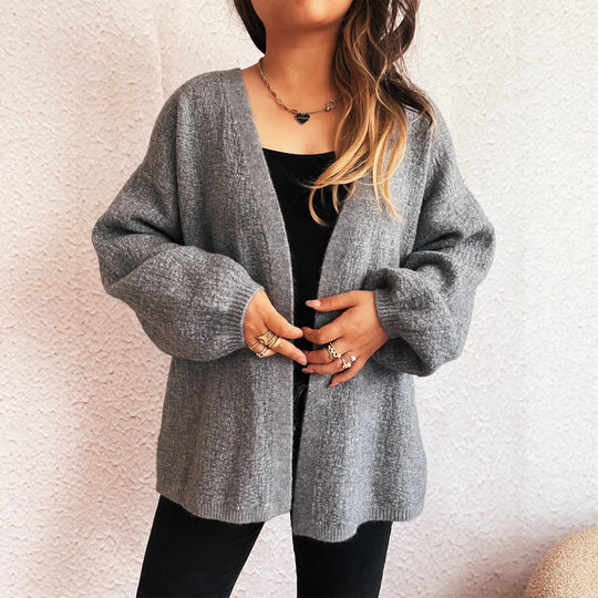 Damen lässige Strickjacke mit weitem Schnitt und voluminösen Ärmeln R&B