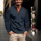 Herren nan legeres Langarm-Henleyshirt mit Stehkragen Knopfleiste und Brusttasche R&B