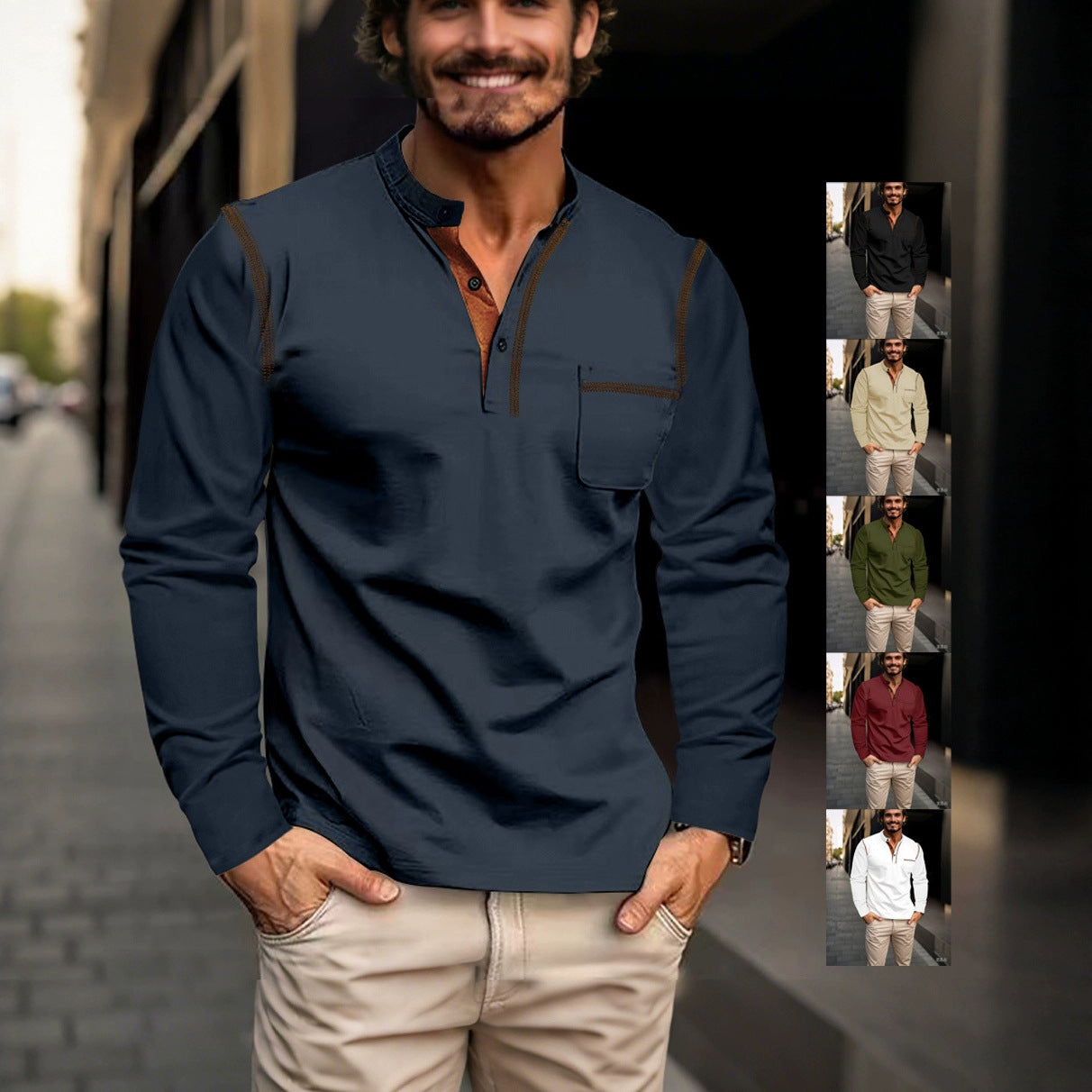 Herren nan legeres Langarm-Henleyshirt mit Stehkragen Knopfleiste und Brusttasche R&B