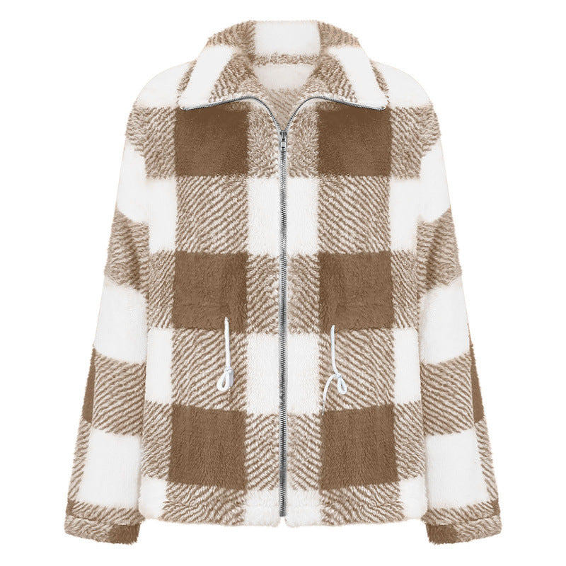 Damen kuschelige Oversize-Jacke mit kariertem Muster R&B