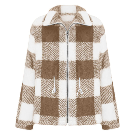 Damen kuschelige Oversize-Jacke mit kariertem Muster R&B