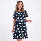 Damen lässiges Blumen-Minikleid aus atmungsaktiver Baumwolle mit Rundhalsausschnitt R&B