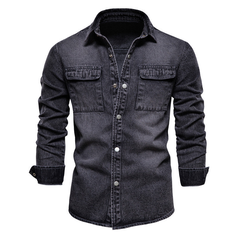 Herren nan lässiges Jeans-Overshirt mit Druckknopfleiste, aufgesetzten Brusttaschen und klassischem Hemdkragen R&B