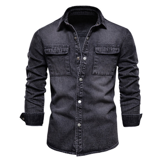 Herren nan lässiges Jeans-Overshirt mit Druckknopfleiste, aufgesetzten Brusttaschen und klassischem Hemdkragen R&B