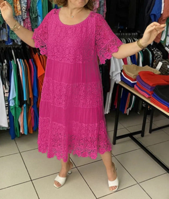 Damen Maxikleid mit luftiger Spitze und elegantem Rüschensaum Heidi-Mode