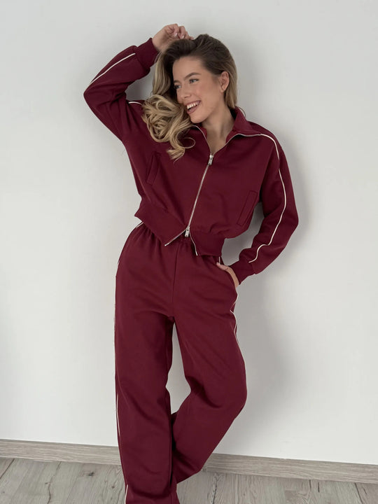 Damen sportliches Fleece-Set mit praktischen Reißverschlusstaschen und elegantem Schnitt R&B
