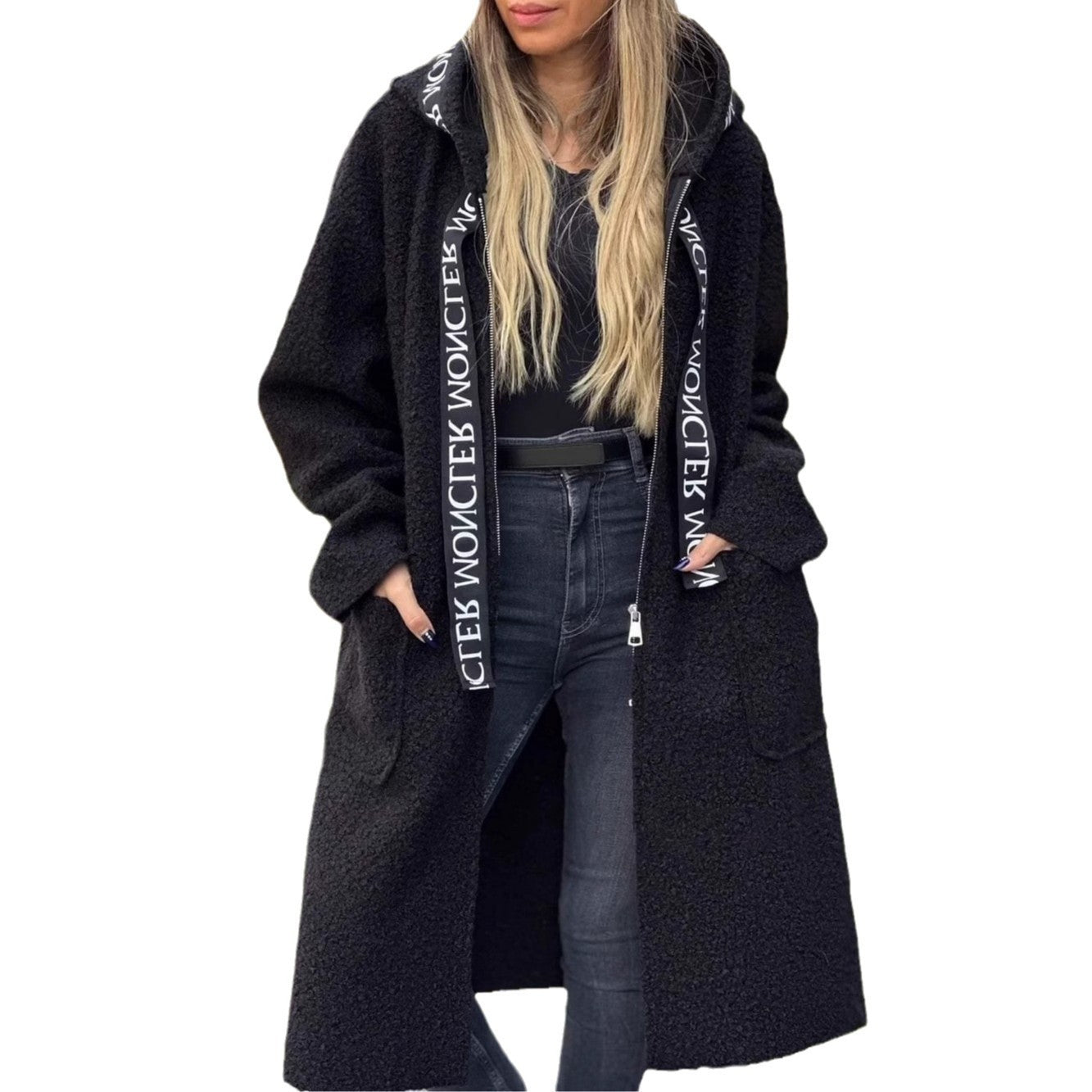 Damen Modischer Oversized-Fleece-Mantel mit praktischen Taschen und Kapuze R&B