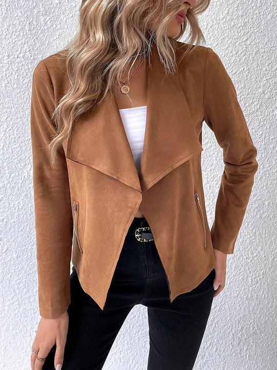 Damen elegante Veloursjacke mit asymmetrischem Revers und Reißverschlusstaschen R&B