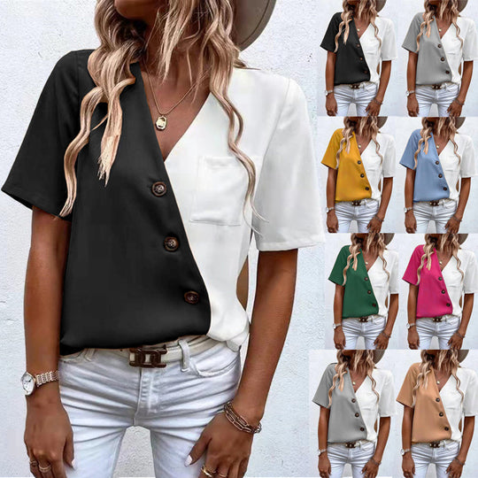 Damen Modisches Hemdblusenshirt mit asymmetrischen Farben und Knopfdetails R&B